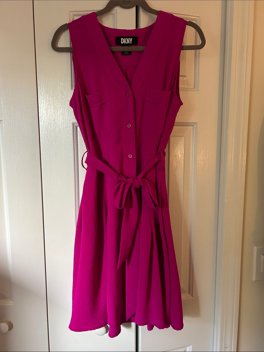 DKNY Sleeveless V-Neck Tie-Waist Dress in Magenta
